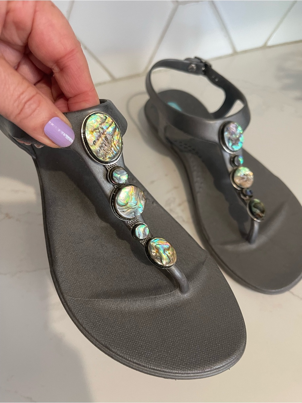OKA b. Gray T-Strap Sandals with Iridescent Abalone Discs